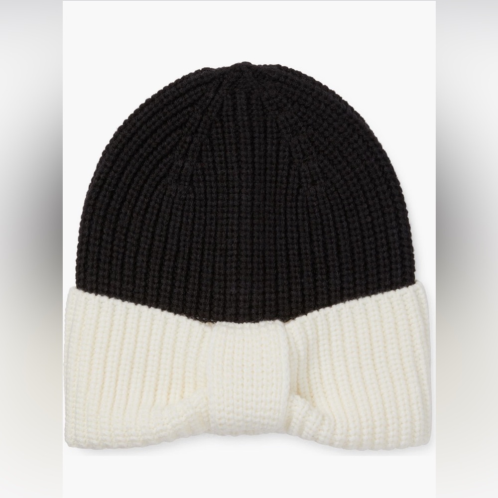 Kate Spade Bow Cuff Beanie in Black and Cream